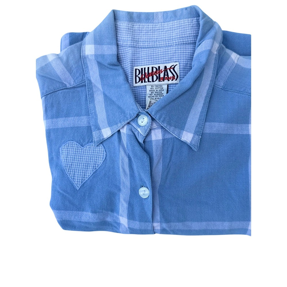 Bill Blass Jeans‎ Blue Plaid Heart Applique Button Down Shirt Womens 1X